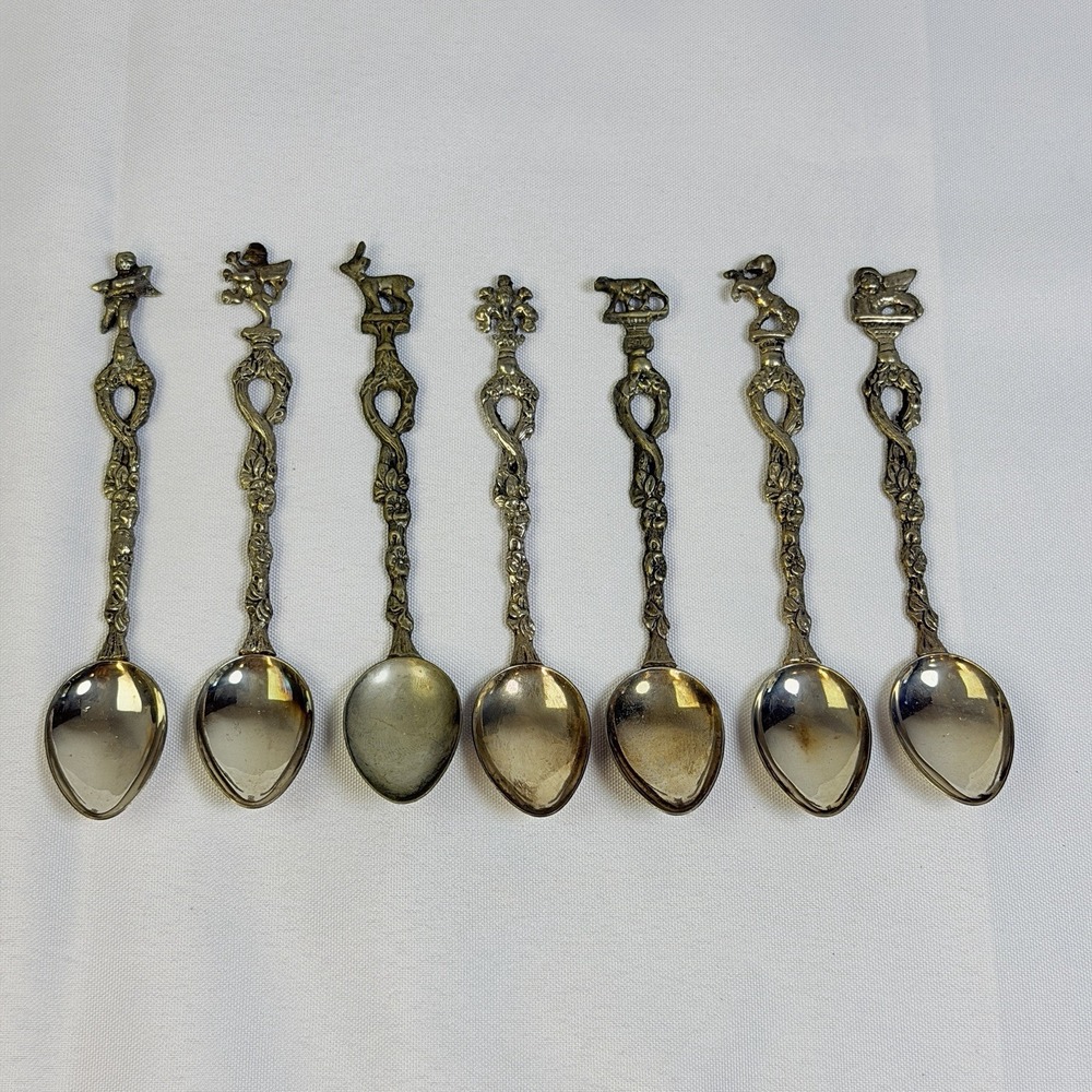 7 Vintage Montagnani Style Italy Figural Demitasse Spoons Ornate Silverplate